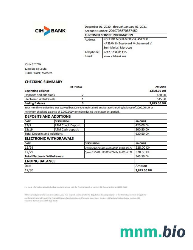 Szablon wyciągu bankowego Maroko Attijariwafa w programie Word i PDF